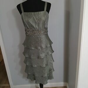 R&M Richards Dress Sz 12 Metalic Silver Gray Ruffled Jeweled Waist Straps Party